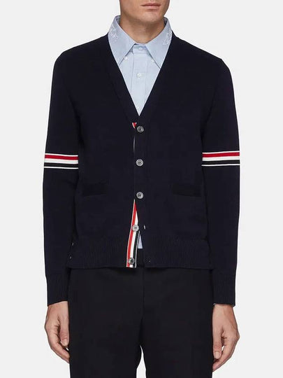 RWB V-neck Striped Virgin Wool Cardigan Navy - THOM BROWNE - BALAAN 2