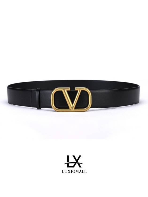 gold V logo leather belt black - VALENTINO - BALAAN.