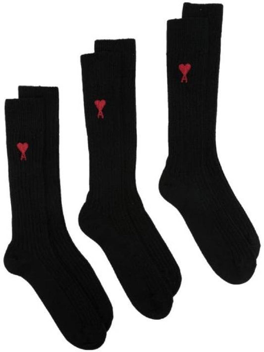 Heart Logo Socks 3 Packs Set Black - AMI - BALAAN 1