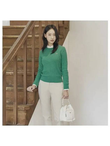 Women s Cable Crew Neck Sweater Light Green - LACOSTE - BALAAN 1