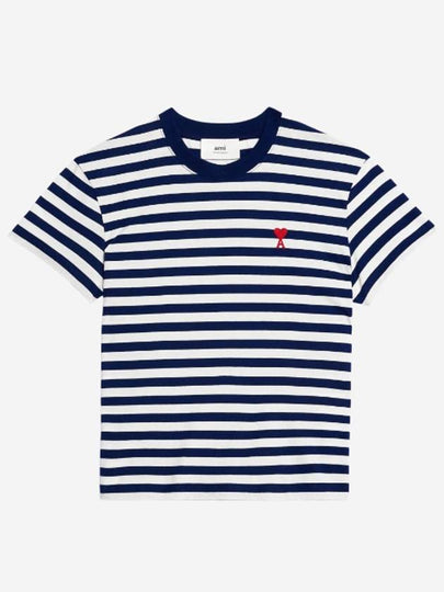 Small Heart Logo Striped Cotton Short Sleeve T-Shirt White Navy - AMI - BALAAN 2