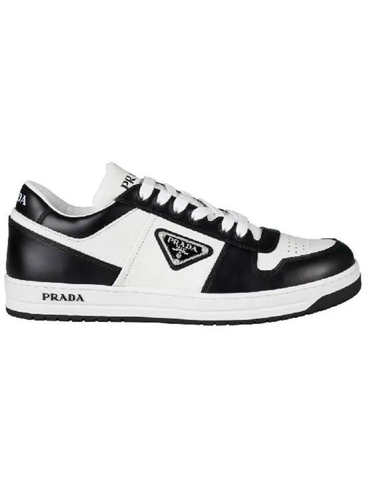 Men's Downtown Triangle Logo Leather Low Top Sneakers White Black - PRADA - BALAAN 2