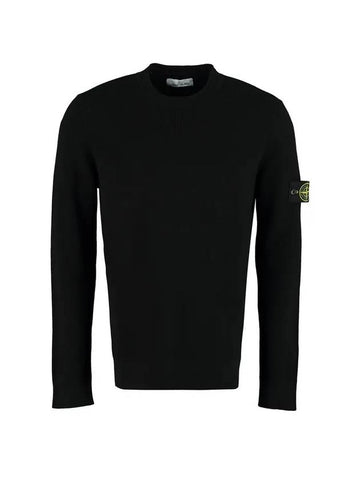 Wappen Patch Crew Neck Ribbed Wool Knit Top Black - STONE ISLAND - BALAAN 1