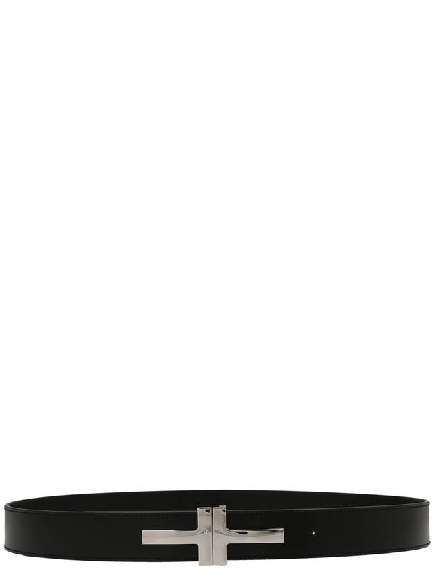 Logo Decorated Leather Belt Black - TOM FORD - BALAAN 3