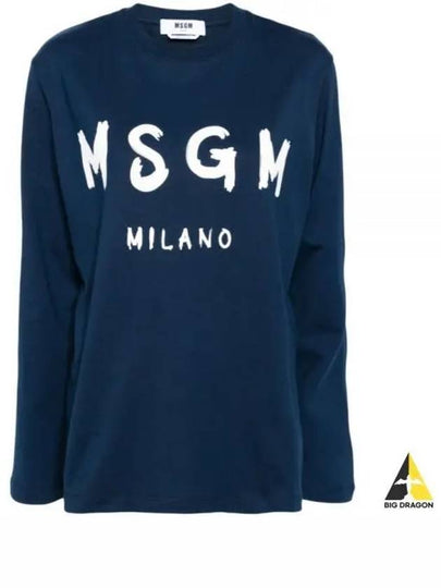 Brushed Logo Cotton Long Sleeve T-Shirt Navy - MSGM - BALAAN 2