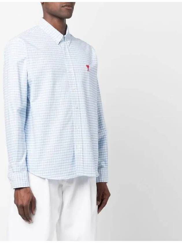 Small Heart Logo Gingham Button Long Sleeves Shirt Sky Blue - AMI - BALAAN 4