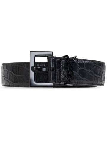 Monogram Crocodile Embossed Leather Belt Black - SAINT LAURENT - BALAAN 1