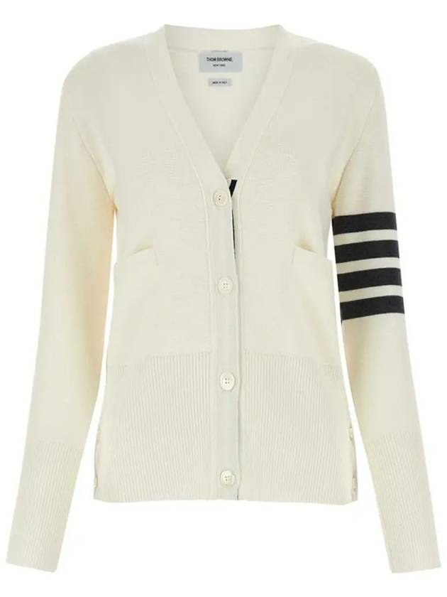 Milano Stitch 4 Bar Classic V Neck Fine Merino Wool Cardigan White - THOM BROWNE - BALAAN 2