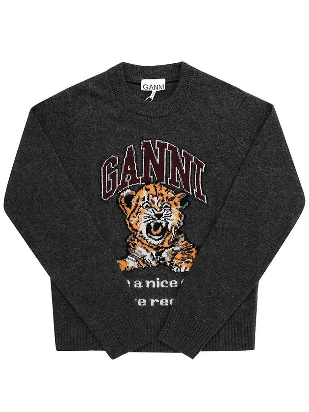 Graphic Wool Mix Tiger Crewneck Knit Top Grey - GANNI - BALAAN 4