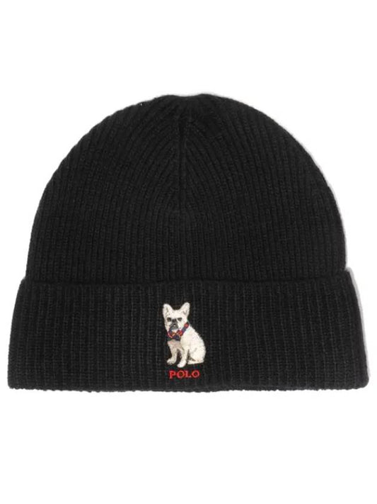 Embroidered French Bulldog Wool Beanie Black - POLO RALPH LAUREN - BALAAN 2