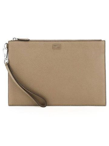 FF Logo Flat Leather Clutch Bag Beige - FENDI - BALAAN 1