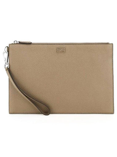 FF Logo Flat Leather Clutch Bag Beige - FENDI - BALAAN 1