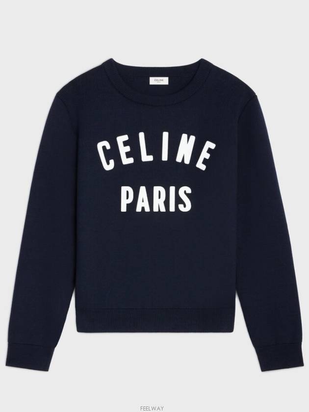 Logo Print Crew Neck Cotton Knit Top Navy - CELINE - BALAAN 2