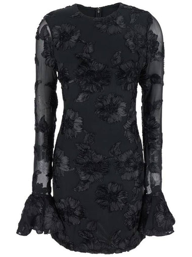 'Rositana' Black Mini Dress With Semi Sheer Sleeves And All-Over Roses Appliqué In Tech Fabric Woman - ROTATE - BALAAN 1