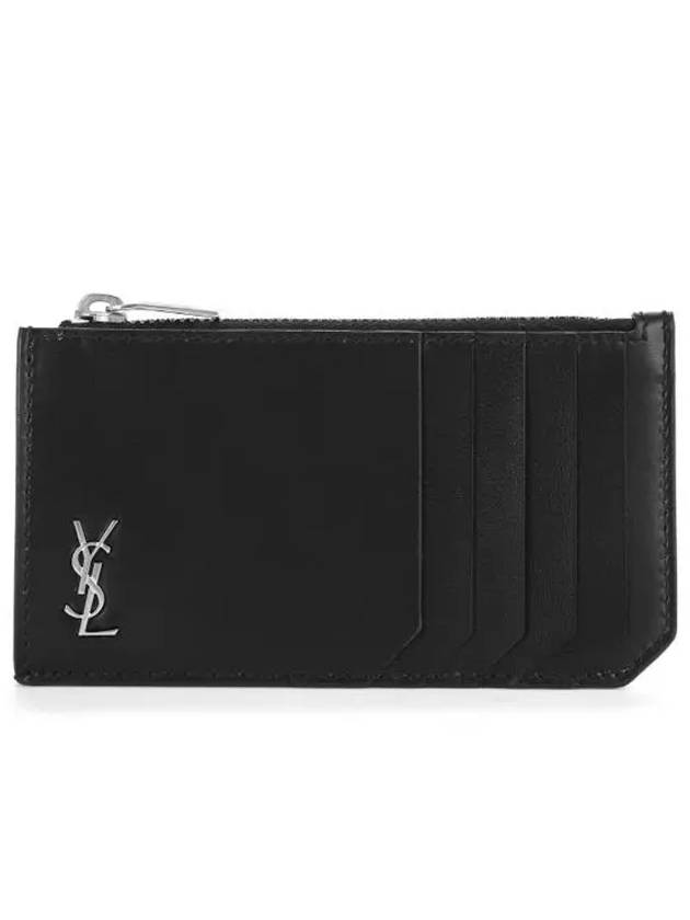 Tiny Cassandre Fragments Silver Hardware Leather Zipper Card Wallet Black - SAINT LAURENT - BALAAN 3