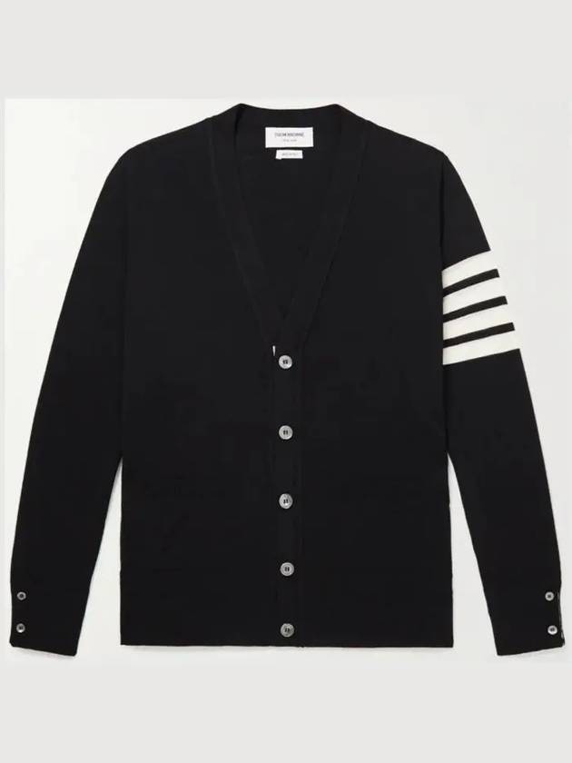 4 Bar Pova Striped Sleeve Wool Knit Vneck Cardigan Black - THOM BROWNE - BALAAN 1