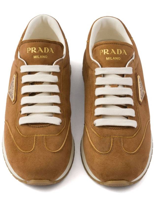 Enamel Logo Suede Low Top Sneakers Brown - PRADA - BALAAN 5