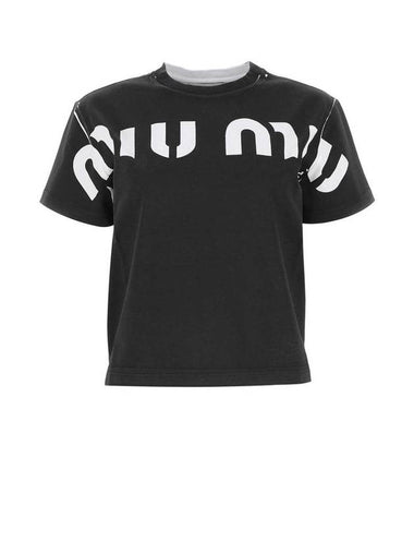 Logo Print Cotton Short Sleeve T-Shirt Black - MIU MIU - BALAAN 1