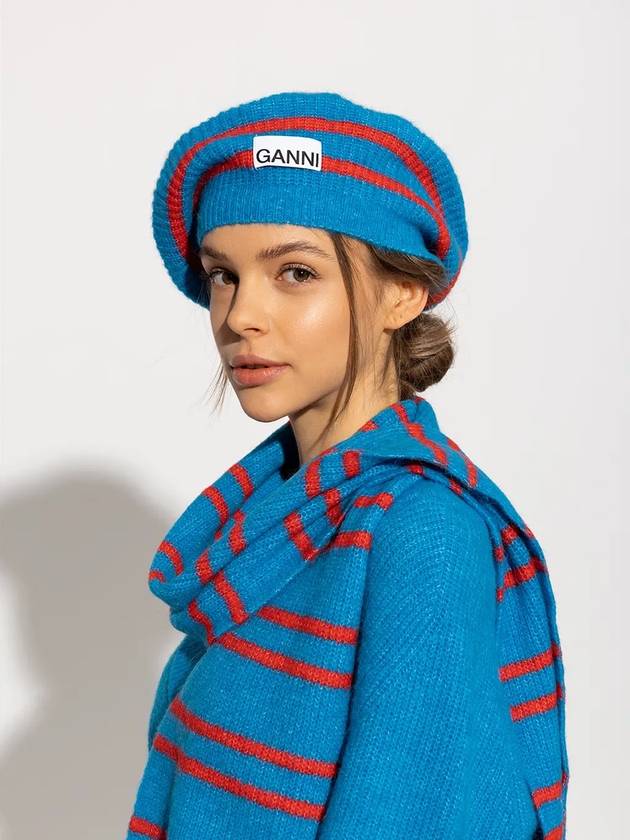 Logo Striped Wool Beret Blue - GANNI - BALAAN 3