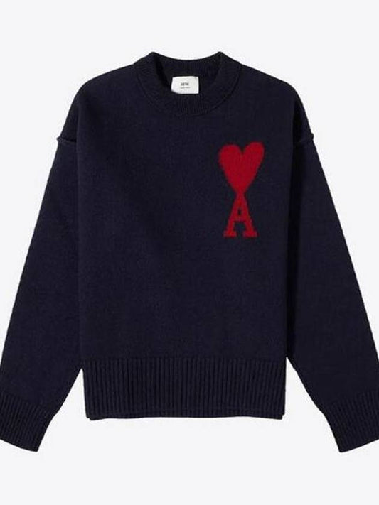 Big Heart Logo Wool Knit Top Navy - AMI - BALAAN 2