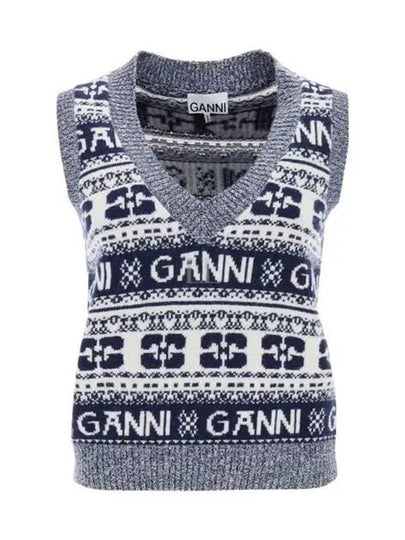 Logo Wool Mix Vest Knit Top Sky Captain - GANNI - BALAAN 2