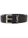 Silvertone metal YSL plaque square buckle grained leather belt - SAINT LAURENT - BALAAN 1