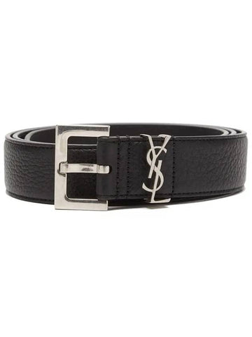 Silvertone metal YSL plaque square buckle grained leather belt - SAINT LAURENT - BALAAN 1