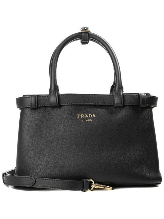 Double Belt Buckle Large Leather Handles Tote Bag Black - PRADA - BALAAN 2