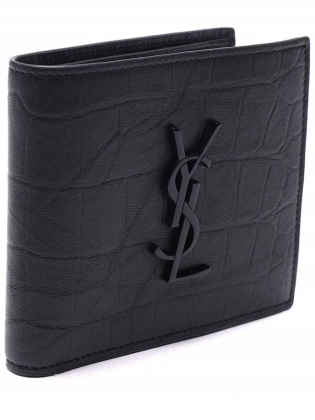 Men's Monogram Crocodile Leather Half Wallet Black - SAINT LAURENT - BALAAN 4