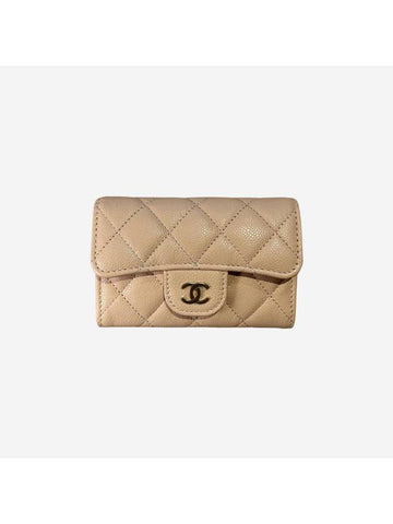 Classic Gold Hardware Logo Grained Shiny Calfskin Card Wallet Beige - CHANEL - BALAAN 1