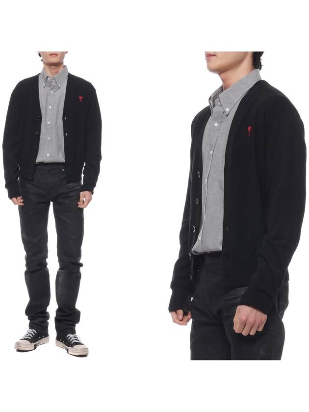 Red Heart Logo Merino Wool Cardigan Black - AMI - BALAAN 3