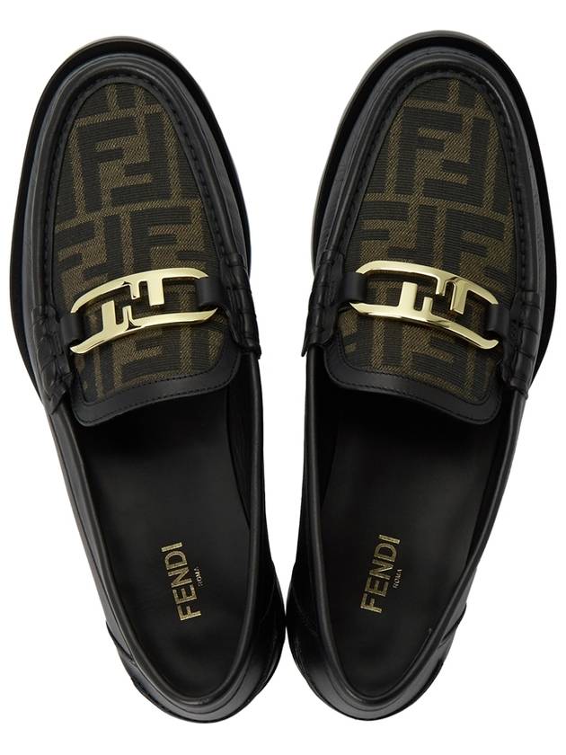 FF O Rock Fabric Leather Loafers Black Brown - FENDI - BALAAN.