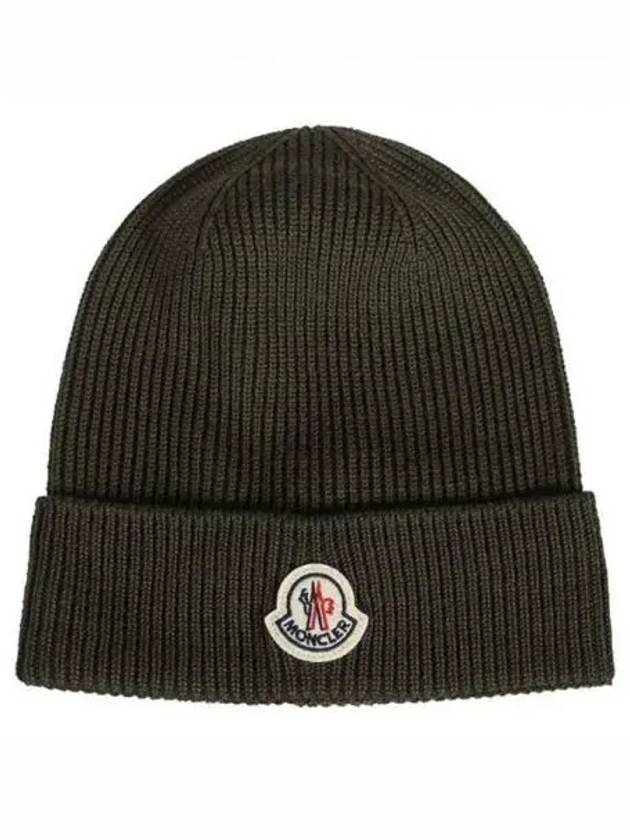 3B70500 A9342 818 Logo Patch Beanie Khaki Hat TJ 270762 - MONCLER - BALAAN 1