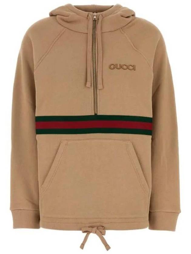 Embroidery Logo Web Stripe Half Zip Hoodie Light Brown - GUCCI - BALAAN 2