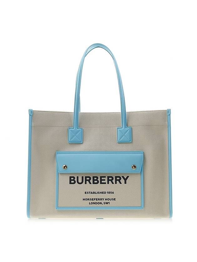 Freya Logo Print Medium Canvas Tote Bag Natural Blue - BURBERRY - BALAAN 1