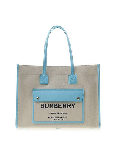 Freya Logo Print Medium Canvas Tote Bag Natural Blue - BURBERRY - BALAAN 1