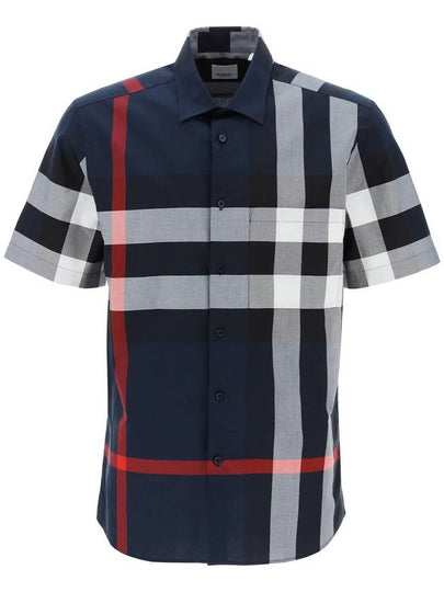 Check Cotton Short Sleeve Shirt Navy - BURBERRY - BALAAN 2