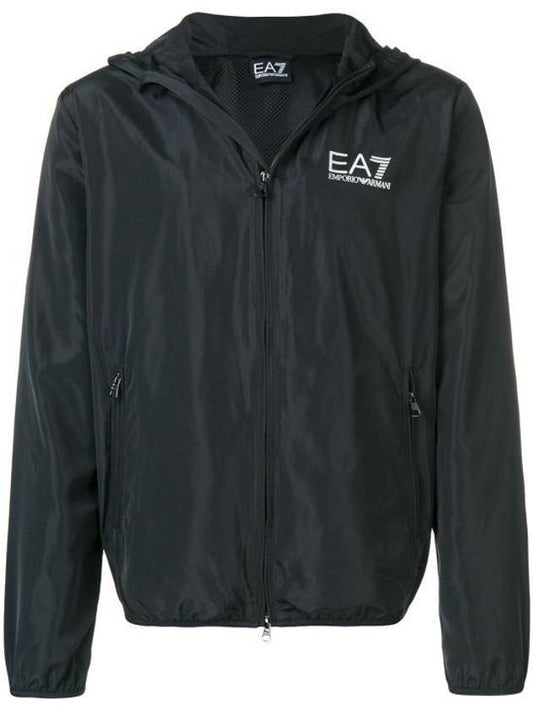 EA7 Logo Print Hooded Zip-up Black - EMPORIO ARMANI - BALAAN.