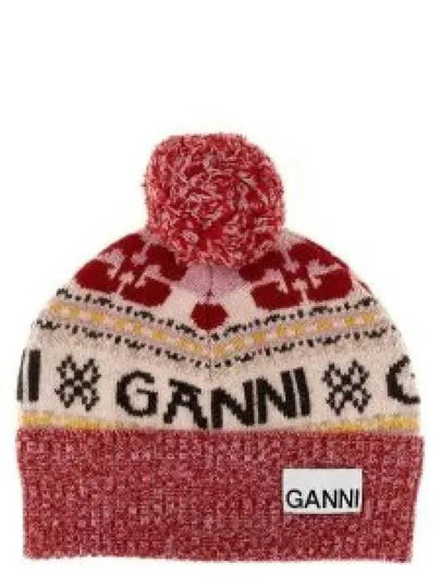 Logo Graphic Intarsia Knit Beanie Red - GANNI - BALAAN 2