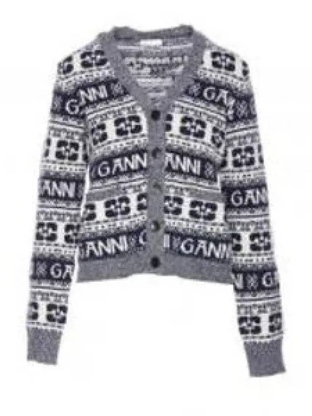 logo wool mix jacquard cardigan blue - GANNI - BALAAN 2