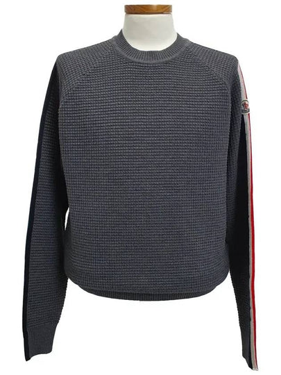 Men's Tricolor Jacquard Band Waffle Crew Neck Knit Top Dark Grey - MONCLER - BALAAN 2