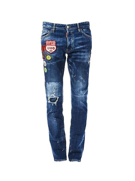 Wappen Patch Damaged Washed Denim Jeans Blue - DSQUARED2 - BALAAN.