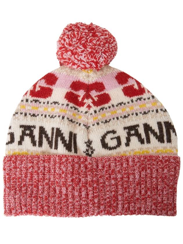 Logo Graphic Intarsia Knit Beanie Red - GANNI - BALAAN 3