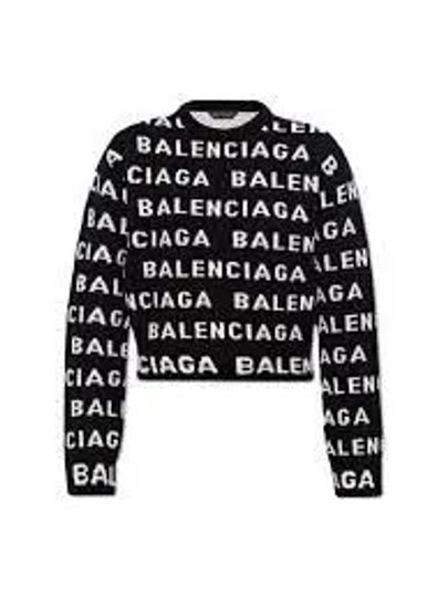 Intarsia All-Over Logo Crew Neck Knit Top Black - BALENCIAGA - BALAAN 2