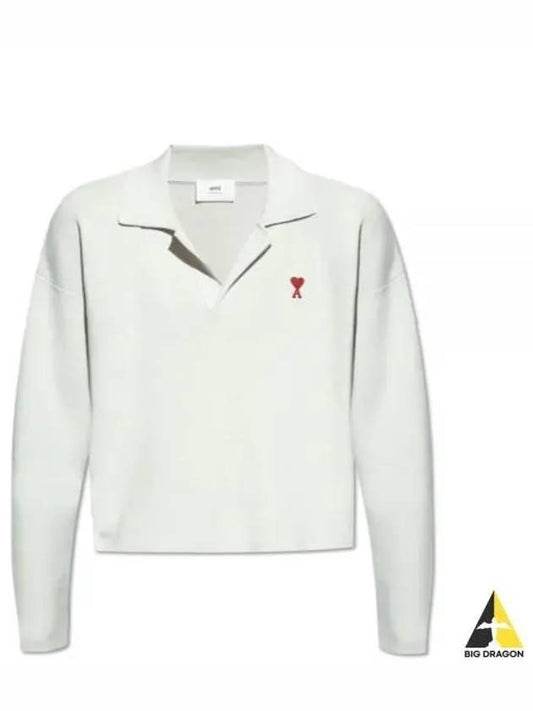 Small Heart Long Sleeve Polo Shirt White - AMI - BALAAN 2