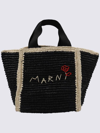 Embroidered Logo Woven Tote Bag Black - MARNI - BALAAN 2