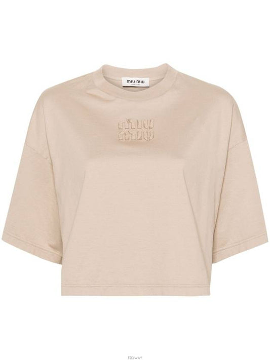 Logo Patch Cotton Short Sleeve T-shirt Beige - MIU MIU - BALAAN 2