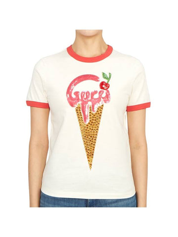 Women's Ice Cream Short Sleeve T-Shirt White - GUCCI - BALAAN 1