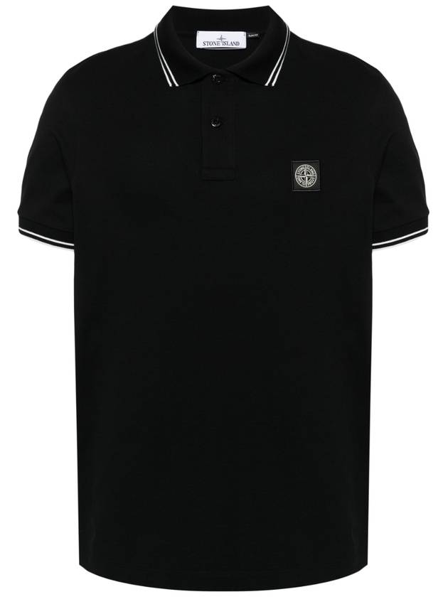 Stretch Cotton Pique Short Sleeve Polo Shirt Black - STONE ISLAND - BALAAN 2