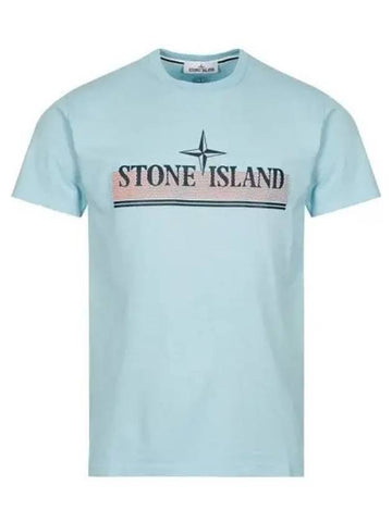 Tricromia One Print Garment Dyed Cotton Jersey Short Sleeve T-Shirt Blue - STONE ISLAND - BALAAN 1